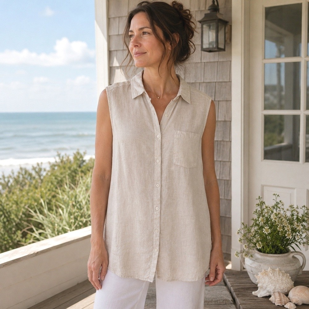 JNY Linen‎ Sleeveless Tunic Top Size Large Minimalist Coastal Lagenlook Beachy